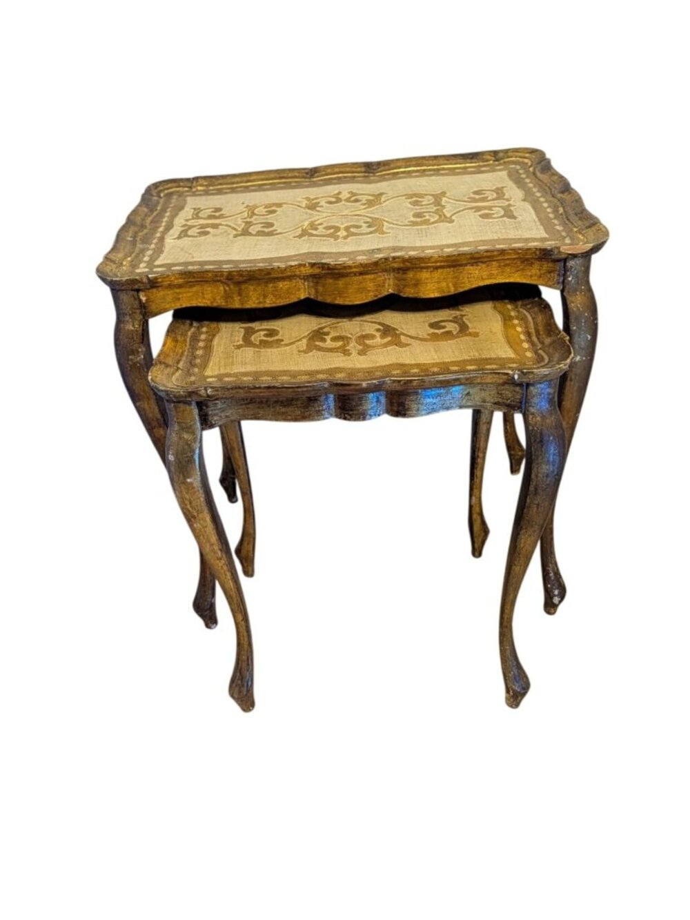 Vintage Florentine Gold White 2 Nesting Tables Floral Pattern Ornate Resin